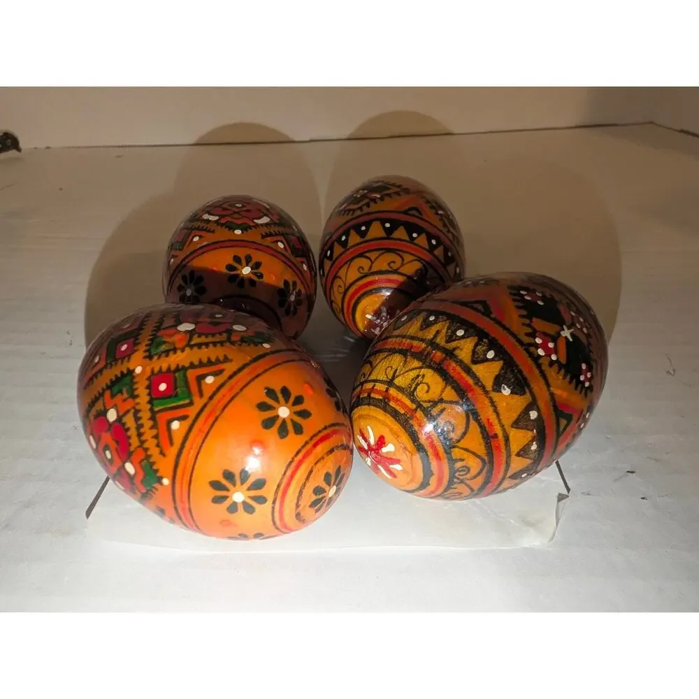 4 Vintage Authentic Ukrainian USSR Hand Painted Easter Eggs Petrykivka Pysanky 2